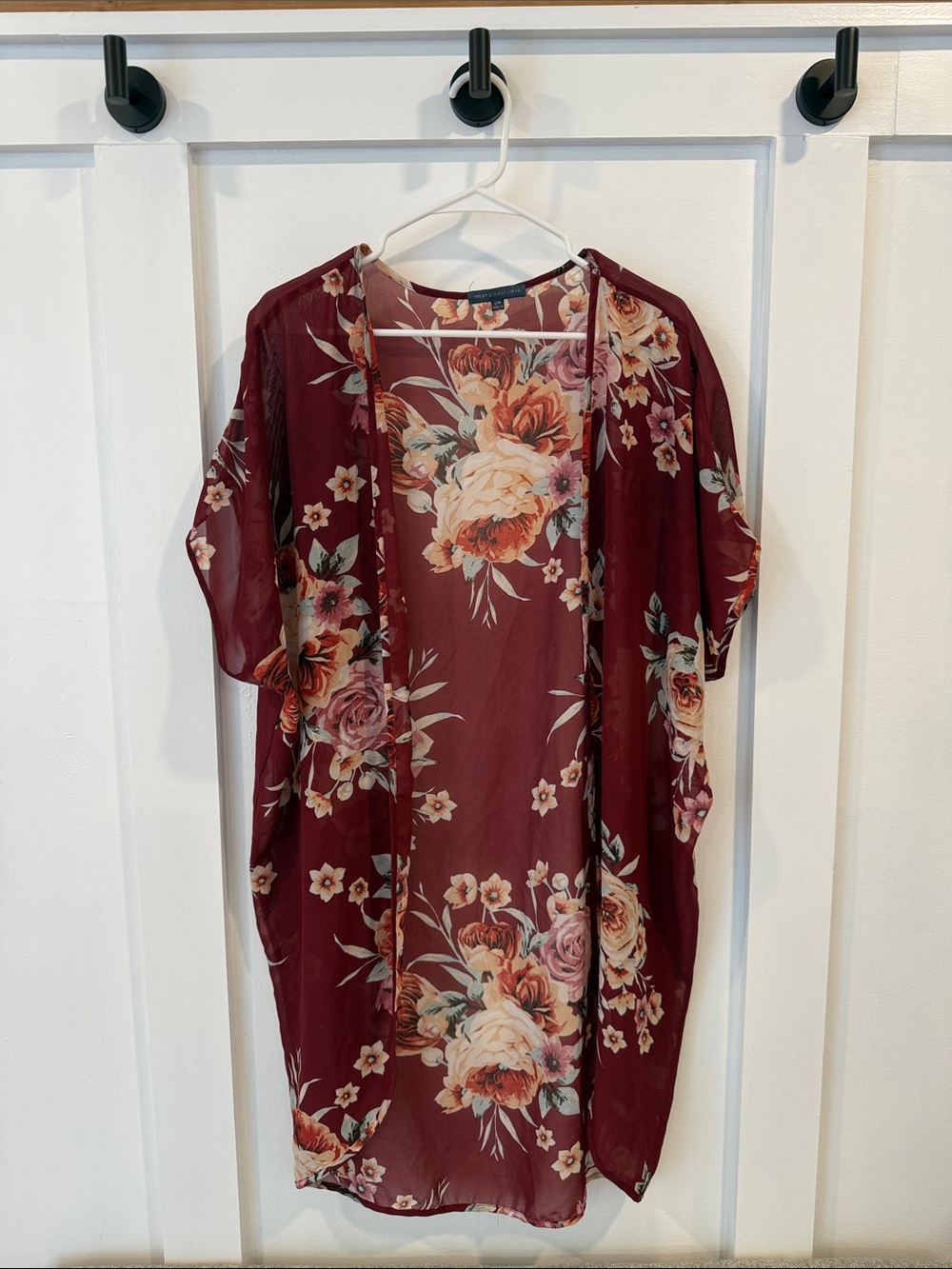 Floral Sheer Open-Front Tunic Kimono in Wine